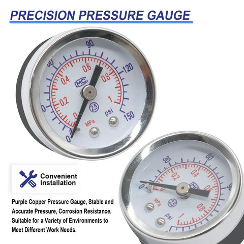 Close-up of precision pressure gauge included in 1/4 Inch NPT AFR2000 Air Compressor Filter Regulator Combo With Water Oil Separator.