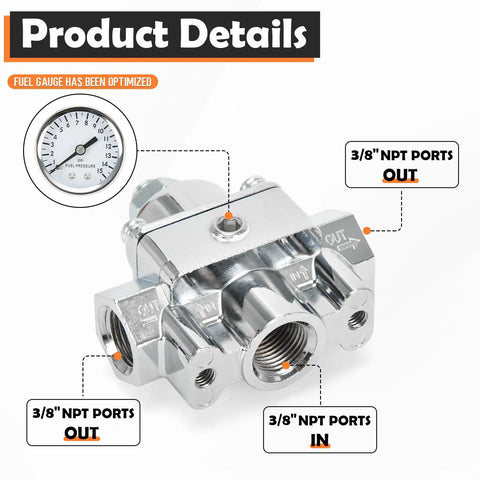 Adjustable Fuel Pressure Regulator With Gauge For Holley And Edelbrock Carburetors Dial In 4.5 To 9 PSI 3/8 NPT 1 In 2 Out