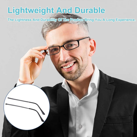 Universal Eyeglasses Repair Kit With Hefty Metal Temple Arms And Precision Screws Heavy Duty Frame Leg Replacement To Snug Up Loose Hinges For Quick Spectacle Fix, featuring metal arms and man smiling.