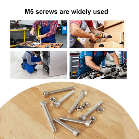Built Tough 50 Piece M5 Screw Kit Featuring Drop Dead Rugged 304 Stainless Steel Fully Threaded Hex Socket Head Cap Screws With Snug Metric Allen Nuts For Hard Day Grind displayed with wrenches and tools.