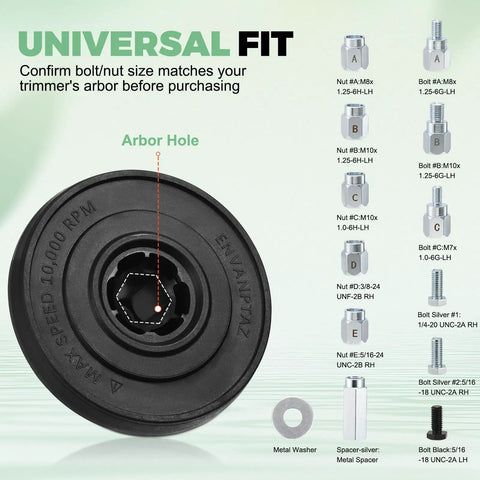 Universal Weed Eater Head With Fast Load Trimmer System No Fuss Install Includes Bolts And Nuts 12 0.095 Inch Trimmer Line Works With Echo Stihl Husqvarna Dewalt Ego Ryobi And More displayed with various bolts and metal spacer