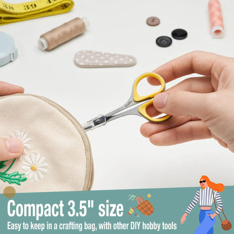 Dual Tip Sewing And Embroidery Scissors Set With Curved And Straight Blades, Extra Sharp Stainless Steel, Precise Tips, Ergonomic Rubber Handles For Comfortable Control In Small DIY Projects, 3.5 inch scissors cutting fabric