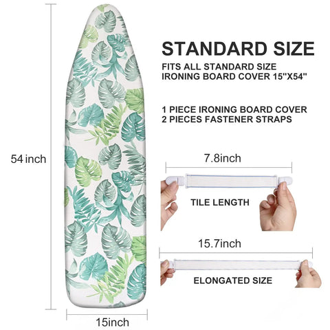 15 By 54 Inch Ironing Board Cover And Pad With Padding Extra Thick Elastic Edge Silicone Coated Scorch Resistant No Fuss Padding Fits Large Ironing Boards And All Standard Sizes Premium Heat Reflective Fabric with tropical leaf pattern and fastener straps