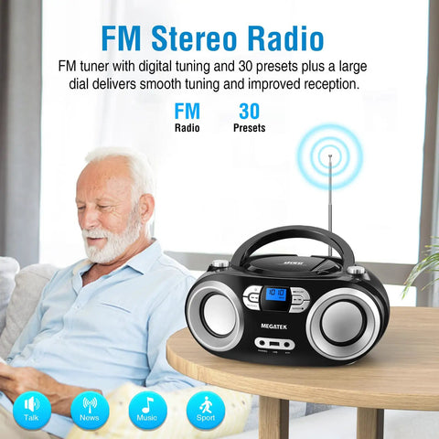 Portable CD Player Boombox With FM Radio Bluetooth USB Port And Aux Input For Home Or On The Go Compact Easy Use Design