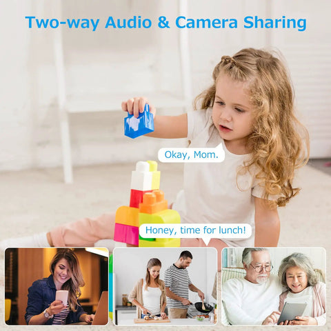 Wireless Outdoor Security Camera With Pan Tilt And Battery Power 2.4G WiFi PIR Motion Detection And Two Way Talk Color Night Vision 9000mAh Battery For Easy No Wires Setup Solar Panel Ready showing two-way audio communication, family interactions.