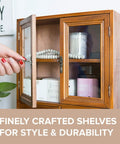 Wood Storage Cabinet With Clear Display Door Wall Shelf 12x14x5 Inches for Pantry Organization in Kitchen or Bathroom with Bi Level Shelves and Bottom Drawers for Candles