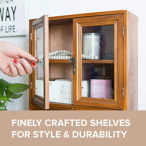 Wood Storage Cabinet With Clear Display Door Wall Shelf 12x14x5 Inches for Pantry Organization in Kitchen or Bathroom with Bi Level Shelves and Bottom Drawers for Candles