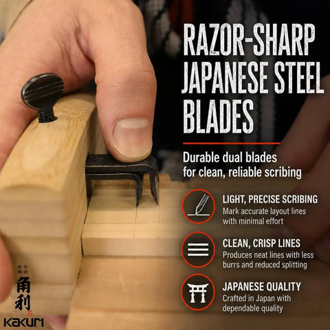 Top Tier Japanese Marking Gauge Double Blade Kebiki Scribe Tool in use, featuring Japanese steel blades for precise wood layout.