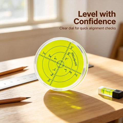 Magnetic Round Bubble Level Tool Bullseye Inclinometer Machinist on wooden surface with clear measurement grid for alignment.