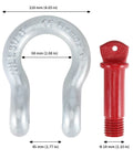 Heavy Duty 1 Inch Bow Shackle D Ring With 8.5 Ton Working Load Limit 18,700 Lbs 1-1/8 Inch Screw Pin shown with measurements