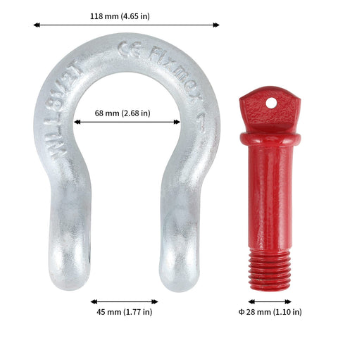 Heavy Duty 1 Inch Bow Shackle D Ring With 8.5 Ton Working Load Limit 18,700 Lbs 1-1/8 Inch Screw Pin shown with measurements