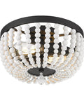 Boho Flush Mount Light Fixture With Two Lights Natural White Wood Beaded Ceiling Light 12 Inch Two Light Pendant Vibe Durable Wood Beads And Black Metal Ideal For Kitchen Island Dining Room Living Room Bedroom And Hallway, close-up showing wood beads and black metal.