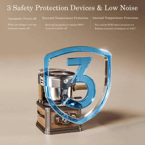 No Fuss Coffee Bean Roaster 700 Watt Home Machine with safety features displayed, showcasing compact design and user interface.