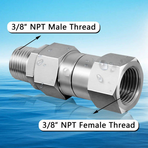 Three Eighth NPT Pressure Washer Swivel Fitting Anti Twist Connector 360 Degree Stainless Steel Male To Female For Hose And Gun Kink Free Joint Two Pack, 3/8 NPT threads