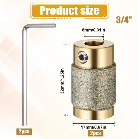 Two Pack Three Quarter Inch Diamond Grinder Bit Heads With Brass Core For Stained Glass Grinding And Glass Processing High Quality Glass Cutter Bits For Arts And Crafts Easy Install And Durable Tools shown with measurements and screwdrivers