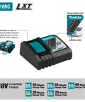 18V LXT Brushless Cordless Drill And Impact Driver Combo Kit charger with built-in fan and charge time panel detail