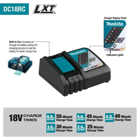 18V LXT Brushless Cordless Drill And Impact Driver Combo Kit charger with built-in fan and charge time panel detail