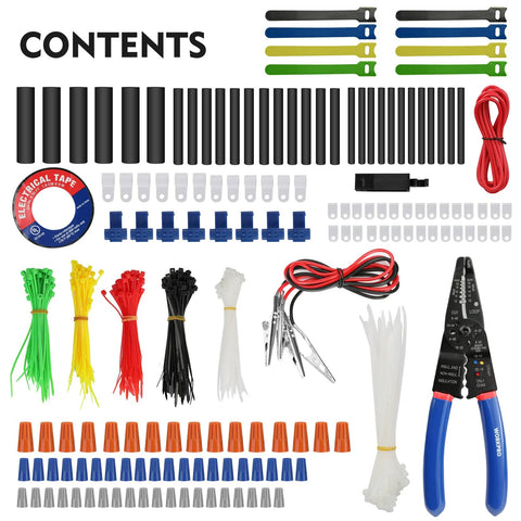 WORKPRO 582-piece electrical repair kit contents, front view: crimp terminals, heat shrink tubes, wire connectors, pliers