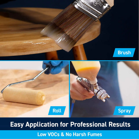 Brush, roller, and spray application of Halcyon Water Based Marine Varnish For Boats And Outdoor Woodworking Projects Quick Dry.