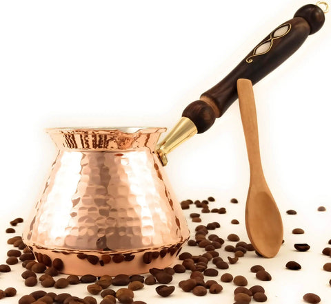 Hand Hammered Copper Turkish Greek Arabic Armenian Coffee Pot Large 18 Fl Oz Stovetop Cezve Jazzve Ibrik Briki with wooden handle