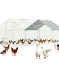 Large Metal Chicken Coop Walk In Runs 10x20 Feet With Cover For 30 Chickens Hen House Enclosure with ducks and chickens inside