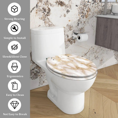 Elongated Toilet Seat Resin for Bathroom on toilet, marble design, 14.5" x 18.5", easy to clean, ergonomic fit.