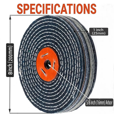 Denim Buffing Wheels Eight Inch By Five Eighth Inch Arbor With Thick Spiral Sewn Design For High Pressure Polishing
