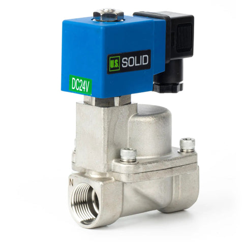 Beefed-Up High Pressure 24V DC Solenoid Valve In Stainless Steel For Industrial Use, 100 Bar Capacity, shown in side view