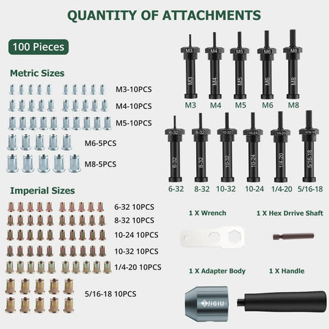 Transform Your Drills Into A Clutch Rivet Nut Tool With This Heavy Duty Cordless Adapter Kit showing 100 attachments in metric and imperial sizes.