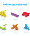 Colorful Neighborhood Wheels Math Counters For Kids With Super Cool Vehicle Designs sorted into six designs for preschool sorting practice.
