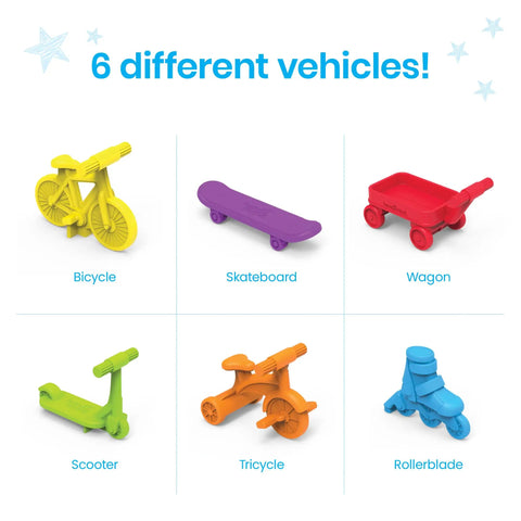 Colorful Neighborhood Wheels Math Counters For Kids With Super Cool Vehicle Designs sorted into six designs for preschool sorting practice.