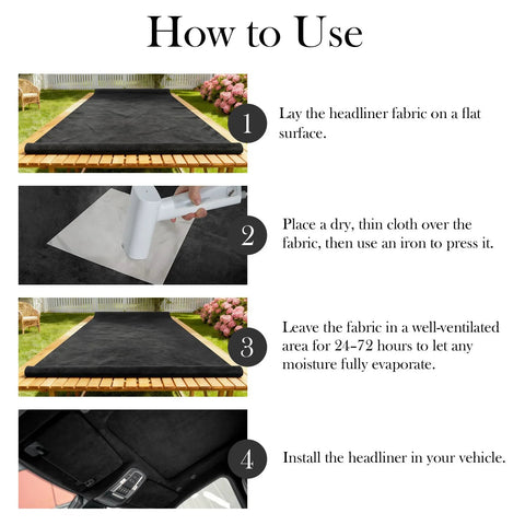 Garifon suede headliner fabric for cars, black, four-step installation guide (lay flat, iron, dry, install).