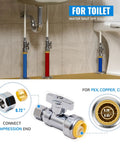 12 Pack Straight Stop Valve Kit For Home Plumbing under sink showing connections, 1/2 x 3/8 inch compression fittings