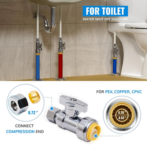 12 Pack Straight Stop Valve Kit For Home Plumbing under sink showing connections, 1/2 x 3/8 inch compression fittings