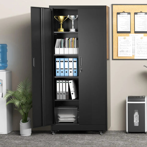 73 Inch Rolling Storage Cabinet With Locking Doors And Four Adjustable Shelves, Heavy Duty Metal Garage Storage Cabinet On Wheels For Home Kitchen Office And Warehouse, Rust Resistant Steel in office setting with open doors displaying trophies and files.