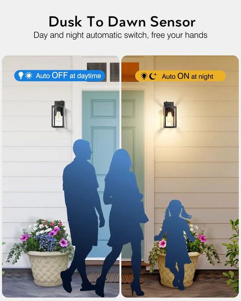Two Pack Dusk-To-Dawn Sensor Outdoor Wall Light Fixtures on porch showing auto on/off functionality with silhouettes.