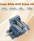 Heavy Duty Cross Slide Drill Press Vise With Two Way XY Compound Travel Four Inch Cast Iron Jaws Built Like A Tank for secure clamping.