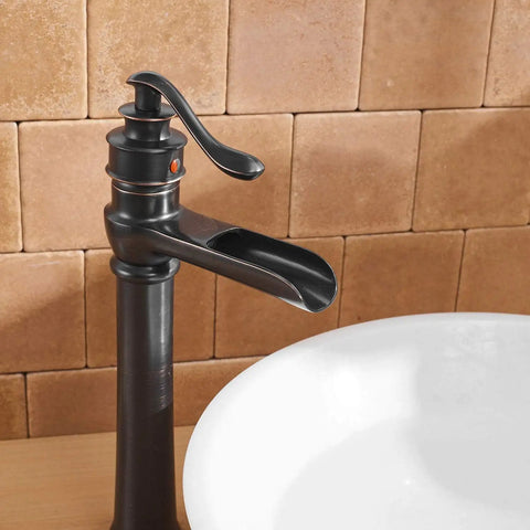 Waterfall Vessel Sink Faucet With Single Hole Install, Oil Rubbed Bronze Rustic Farmhouse Lavatory Tall Basin Vanity next to basin