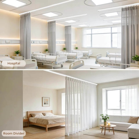Heavy Duty Ceiling Curtain Track Kit With Quiet Glide Rollers 3 To 6 Ft White Ceiling Or Wall Mount Curtain Rail System installed as hospital and room divider