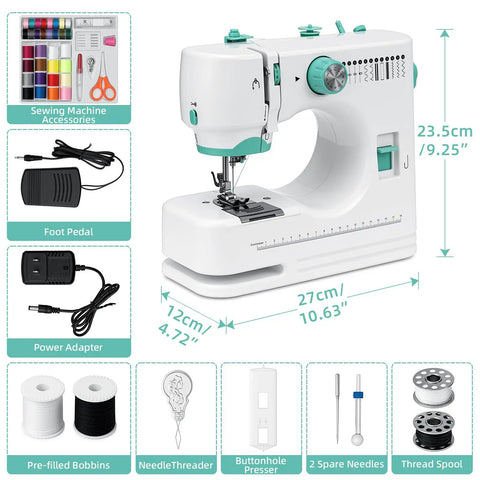 Mini Electric Sewing Machine With Extension Table And 56 Accessory Pieces, 12 Built In Stitches For Beginners, side view with measurements displayed.
