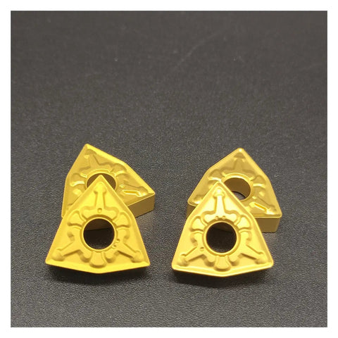 Top Rated 10 Pcs Carbide Turning Indexable Inserts For External Lathe Tools Includes WNMG080404 And WNMG080408 Grades With T9125 Material For Heavy Milling Jobs That Last Super Long Plus Easy Storage Box Included. Four yellow triangular carbide inserts on a dark background.