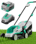 13 Inch Cordless Lawn Mower With 5 Height Settings 20V Brushless Motor Ideal for Garden Yard and Small Farm Lightweight No Fuss Walk Behind Includes 4Ah Battery And Charger For Quick Clean Cuts. cordless mower with 4Ah battery and charger on grass