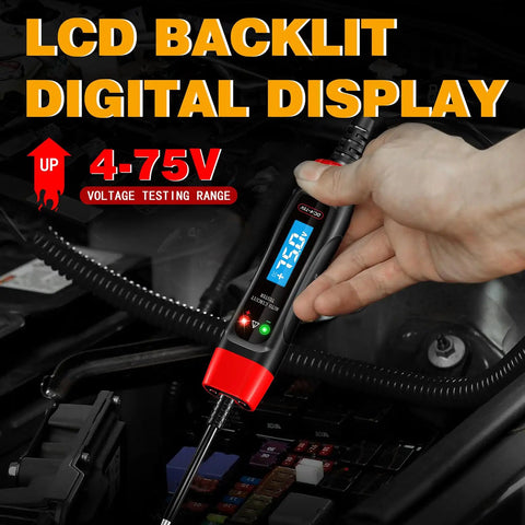 4 To 75V LCD Automotive Test Light With Built In Voltage Meter And Buzzer Electric Probe Pen For Car Battery Polarity Continuity And Fuse Checks Wide Range Auto Circuit Tester For Vehicle Electrical Systems, handheld in engine bay