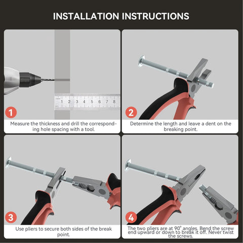Installation instructions for Brushed Nickel Cabinet Pulls 3 Inch Center To Center 5 Inch Overall Length Stainless Steel Cabinet Hardware 15 Pack For Kitchen And Bathroom Cabinets Durable Hollow Construction For Long Lasting Use showing step-by-step guide with measuring, drilling, and using pliers.
