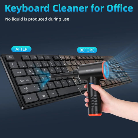 Person using Electric Air Duster With 6000mAh Battery 3 Speed LED Turbo Clean For Home Office Car Reusable Dust Blower on keyboard
