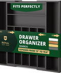 Premium Must Have Bamboo Kitchen Drawer Organizer With 9 Grooved Slots For Silverware And Utensils, packaged.