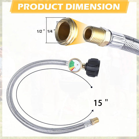Image of a 15 Inch RV Propane Hose With Gauge Stainless Steel Braided Camper Tank Line Pigtail For Camper Regulator