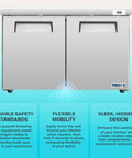Hella Solid Heavy Duty Sixty Inch Two Door Undercounter Refrigerator In Silver For Commercial Kitchens Featuring Straight Shooter Cooling With Smooth Liftgate Freight Delivery side view with two doors and stainless steel finish.