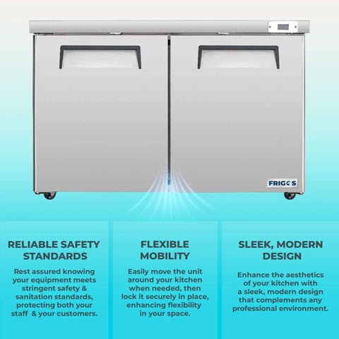 Hella Solid Heavy Duty Sixty Inch Two Door Undercounter Refrigerator In Silver For Commercial Kitchens Featuring Straight Shooter Cooling With Smooth Liftgate Freight Delivery side view with two doors and stainless steel finish.