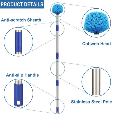 Detailed view of Stainless Steel Pole Cobweb Duster With 4Ft Extendable Reach And Medium Stiff Bristles for cleaning.